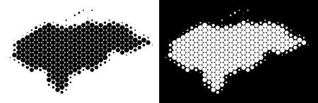 Pixel halftone Honduras map. Vector geographic plan on white and black backgrounds. Abstract mosaic of Honduras map constructed with sphere items.のイラスト素材
