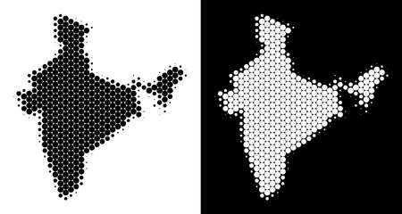 Dotted halftone India map. Vector geographic plan on white and black backgrounds. Abstract concept of India map combined from sphere blots.のイラスト素材