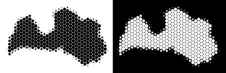 Dot halftone Latvia map. Vector geographic plan on white and black backgrounds. Abstract concept of Latvia map designed with spheric items.のイラスト素材