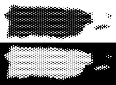 Pixel halftone Puerto Rico map. Vector geographic map on white and black backgrounds. Abstract collage of Puerto Rico map composed from round blots.のイラスト素材