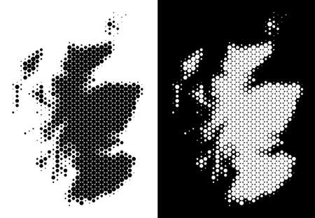 Pixel halftone Scotland map. Vector geographic map on white and black backgrounds. Abstract composition of Scotland map designed with spheric pixels.のイラスト素材