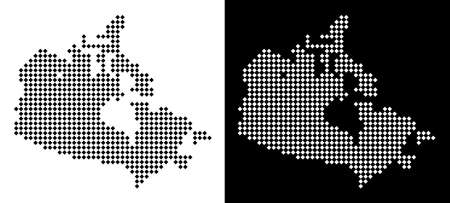 Vector rhombus dotted Canada map. Abstract geographic maps in black and white colors on white and black backgrounds. Canada map done of rhombus element pattern.のイラスト素材