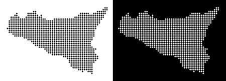 Vector rhombic pixel Sicilia map. Abstract geographic maps in black and white colors on white and black backgrounds. Sicilia map organized of rhombic pixel mosaic.のイラスト素材
