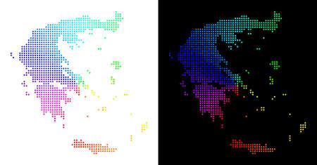 Colored dotted Greece map. Vector geographical plan in bright rainbow colors with circular gradient on white and black backgrounds. Points have rhombus form.のイラスト素材