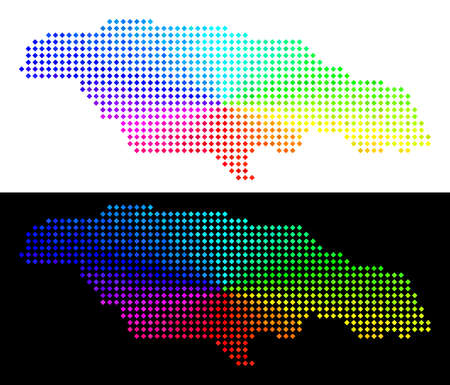 Colored dotted Jamaica map. Vector territorial scheme in bright rainbow colors with circular gradient on white and black backgrounds. Pixels have rhombus shape.のイラスト素材