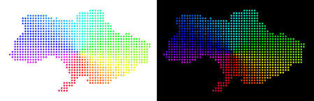 Rainbow dot Ukraine map. Vector geographical map in bright spectrum colors with circular gradient on white and black backgrounds. Pixels have rhombic form.のイラスト素材