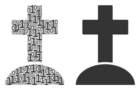 Cemetery mosaic icon of binary digits in various sizes. Vector digital symbols are composed into cemetery collage design concept.のイラスト素材