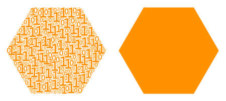 Filled hexagon collage icon of binary digits in different sizes. Vector digit symbols are combined into filled hexagon collage design concept.のイラスト素材