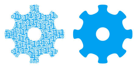 Gear composition icon of zero and one symbols in different sizes. Vector digits are composed into gear mosaic design concept.のイラスト素材