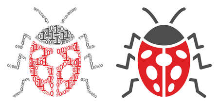 Ladybird bug composition icon of zero and one symbols in randomized sizes. Vector digit symbols are...