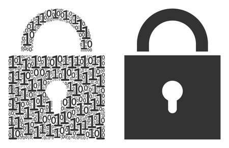 Lock mosaic icon of one and zero digits in various sizes. Vector digit symbols are grouped into lock collage design concept.のイラスト素材