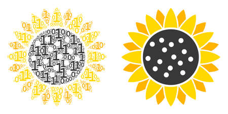 Sunflower collage icon of zero and one symbols in random sizes. Vector digit symbols are randomized into sunflower mosaic design concept.のイラスト素材