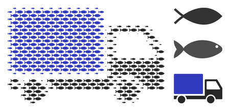 Fish delivery lorry halftone collage. Vector fish symbols are composed into delivery lorry collage. Eco design concept.のイラスト素材