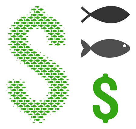 Fish dollar halftone collage. Vector fish items are grouped into dollar collage. Ocean design concept.のイラスト素材