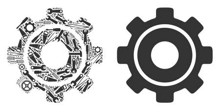 Cog composition of service instruments. Vector cog icon is constructed of cogwheels, wrenches and other equipment objects. Concept of industrial service.のイラスト素材