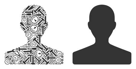 Customer composition of service tools. Vector customer icon is formed of gear wheels, spanners and other machinery objects. Concept of maintenance service.のイラスト素材