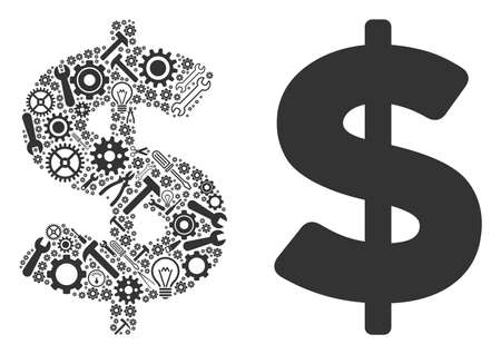 Dollar composition of service instruments. Vector dollar icon is created from gears, wrenches and other mechanics objects. Concept of tuning service.のイラスト素材