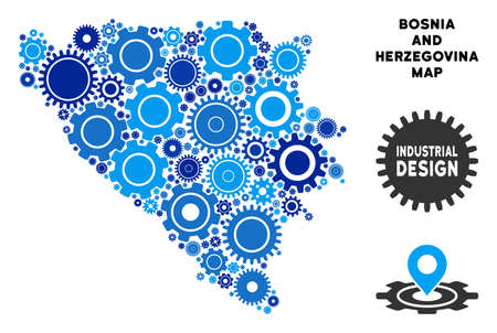 Industrial Bosnia and Herzegovina map composition of cogs. Abstract territorial scheme in blue color hues. Vector Bosnia and Herzegovina map is designed of cogs. Concept of industrial job.のイラスト素材