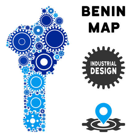 Industrial Benin map mosaic of cogs. Abstract geographic scheme in blue color tints. Vector Benin map is organized of gear wheels. Concept of industrial service.のイラスト素材