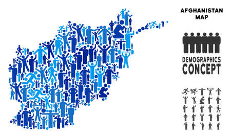 Vector population Afghanistan map. Demography collage of Afghanistan map created of people with different postures. Demographic map in blue hues. Abstract social plan of nation community cartography.のイラスト素材