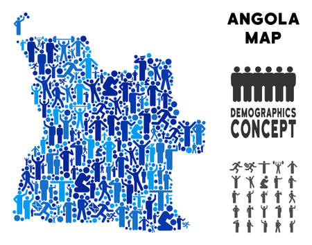 Vector population Angola map. Demography mosaic of Angola map constructed of humans with different poses. Demographic map in blue variations. Abstract social plan of national community cartography.