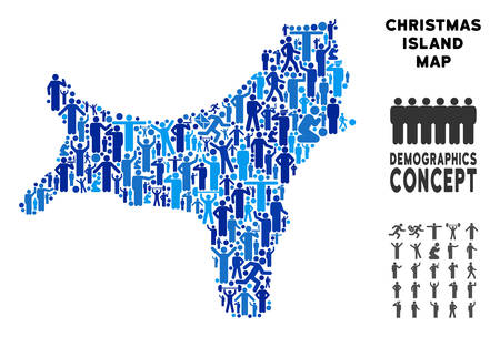 Vector population Christmas Island map. Demography mosaic of Christmas Island map combined of humans with different postures. Demographic map in blue hues.のイラスト素材