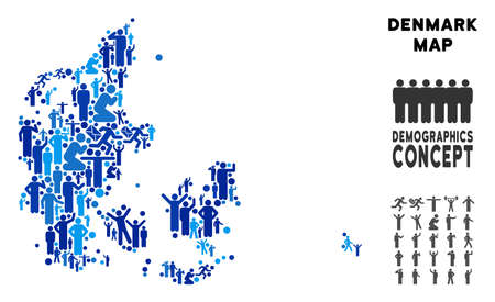 Vector population Denmark map. Demography composition of Denmark map made of crowd with different positions. Demographic map in blue tinges. Abstract social plan of national audience cartography.のイラスト素材