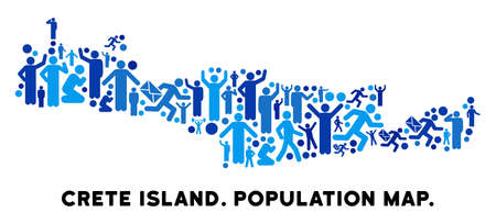 Vector population Crete Island map. Demography collage of Crete Island map combined of persons with variable positions. Demographic map in blue variations.のイラスト素材