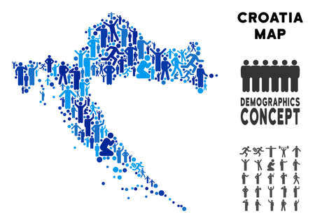 Vector population Croatia map. Demography mosaic of Croatia map created of people with variable poses. Demographic map in blue tints. Abstract social scheme of nation mass cartography.のイラスト素材