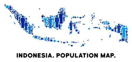 Vector population Indonesia map. Demography abstraction of Indonesia map combined of persons with variable positions. Demographic map in blue tinges.のイラスト素材