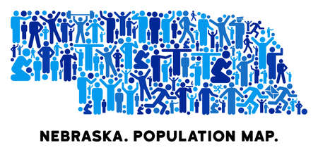 Vector population Nebraska State map. Demography mosaic of Nebraska State map organized of men with different postures. Demographic map in blue tints.のイラスト素材