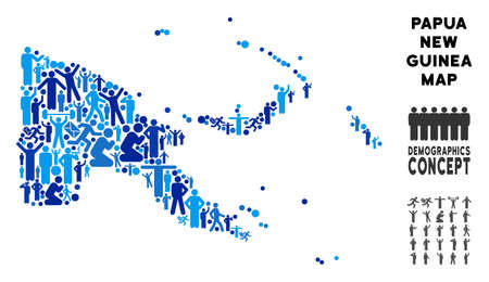 Vector population Papua New Guinea map. Demography concept of Papua New Guinea map designed of humans with different poses. Demographic map in blue tones.のイラスト素材