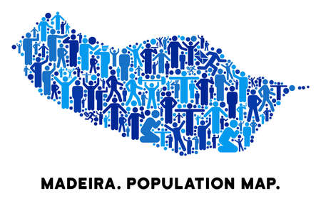 Vector population Portugal Madeira Island map. Demography composition of Portugal Madeira Island map combined of humans with different positions. Demographic map in blue tinges.のイラスト素材