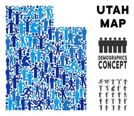 Vector population Utah State map. Demography collage of Utah State map designed of crowd with different positions. Demographic map in blue tones. Abstract social scheme of nation public cartography.のイラスト素材