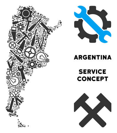 Repair workshop Argentina map mosaic of instruments. Abstract territory plan in gray color. Vector Argentina map is made of gear wheels, wrenches and other mechanical items.のイラスト素材