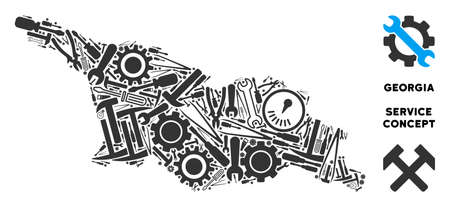 Repair service Georgia map mosaic of instruments. Abstract geographic plan in gray color. Vector Georgia map is designed from gear wheels, screwdrivers and other service items.のイラスト素材