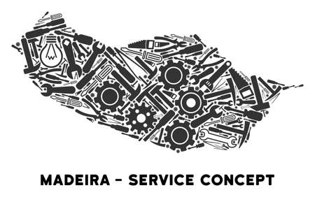 Repair workshop Portugal Madeira Island map mosaic of instruments. Abstract territorial scheme in gray color. Vector Portugal Madeira Island map is composed of gears,のイラスト素材