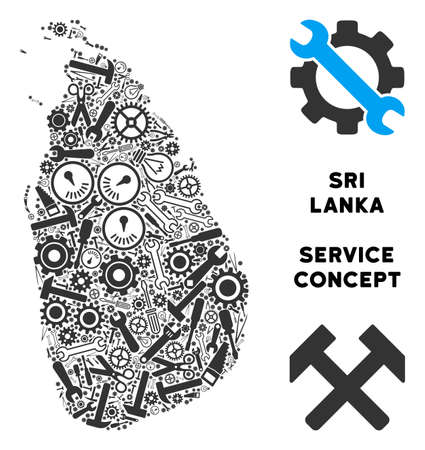 Service Sri Lanka Island map mosaic of tools. Abstract territorial scheme in grey color. Vector Sri Lanka Island map is composed of cogwheels, screwdrivers and other service icons.のイラスト素材
