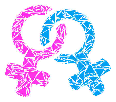 Lesbi symbol collage of triangle elements in different sizes and shapes. Vector triangles are organized into lesbi symbol illustration. Geometric abstract vector illustration.のイラスト素材