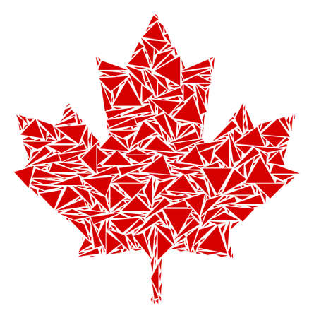 Maple leaf collage of triangle elements in different sizes and shapes. Vector polygons are united into maple leaf illustration. Geometric abstract vector illustration.のイラスト素材