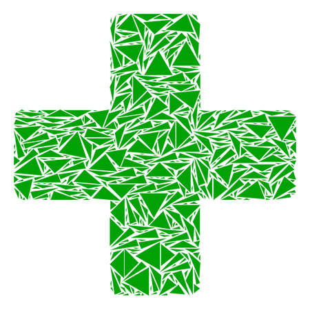 Plus mosaic of triangle items in various sizes and shapes. Vector polygons are united into plus shape. Geometric abstract vector illustration.のイラスト素材