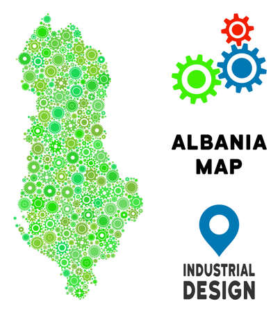 Gear Albania map mosaic of small gearwheels. Abstract geographic scheme in green shades. Vector Albania map is organized from gear wheels. Concept of tuning company.のイラスト素材