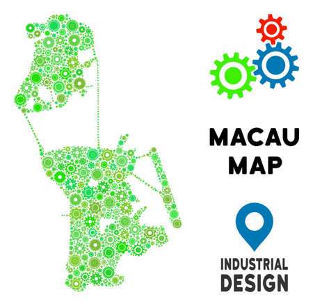 Gear Chinese Macau map mosaic of small wheels. Abstract geographic scheme in green color hues. Vector Chinese Macau map is composed of cogs. Concept of technician company.のイラスト素材