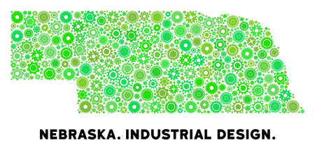 Gear Nebraska State map mosaic of small gearwheels. Abstract territory plan in green color tinges. Vector Nebraska State map is constructed of gear wheels. Concept of maintenance workshop.のイラスト素材