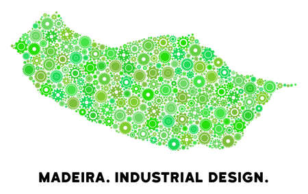 Gear Portugal Madeira Island map composition of small wheels. Abstract geographic plan in green shades. Vector Portugal Madeira Island map is composed with gear wheels. Concept of tuning service.のイラスト素材