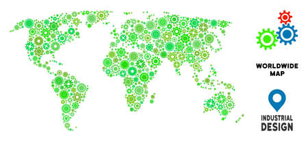 Gear world map collage of small cogs. Abstract territorial plan in green color tinges. Vector world map is designed with cogs. Concept of mechanic job.のイラスト素材