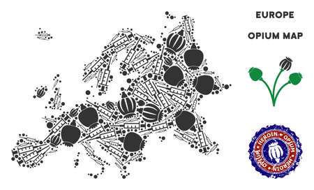 Opium addiction Europe map collage of poppy heads and syringes. Template for narcotic addiction campaign against heroin dependence.のイラスト素材