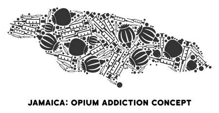Opium addiction Jamaica map composition of poppy heads and syringes. Template for narcotic addiction campaign against heroin dependence.のイラスト素材