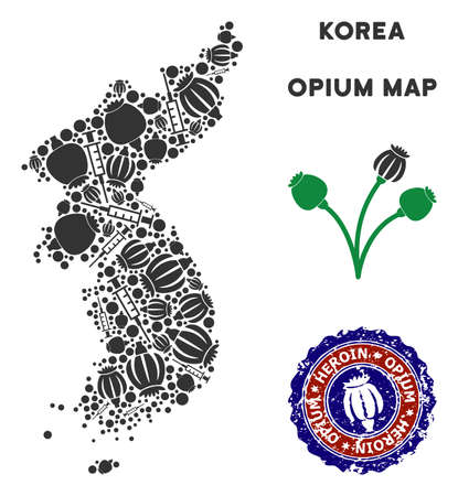 Opium addiction North and South Korea map mosaic of poppy heads and syringes. Concept for narcotic addiction campaign against heroin dependence.のイラスト素材