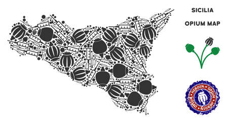 Opium addiction Sicilia map mosaic of poppy heads and syringes. Template for narcotic addiction campaign against heroin dependence.のイラスト素材